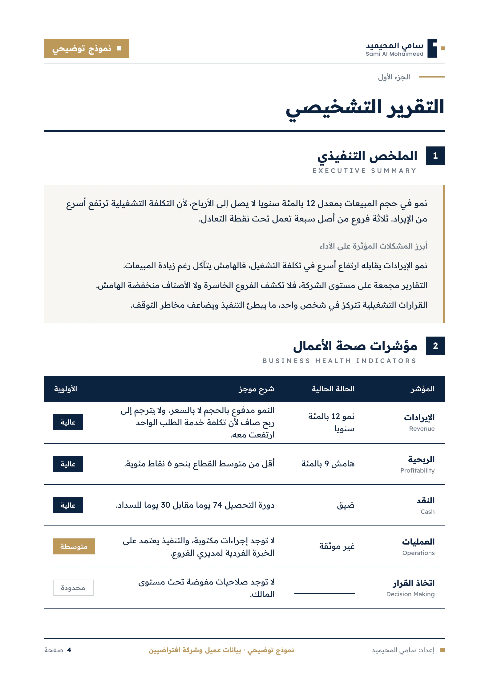 صفحة الملخص التنفيذي ومؤشرات صحة الأعمال في التقرير التجريبي.